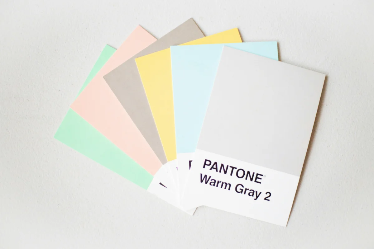Six Pantone color chips used in brand identity to experiment with and define color schemes.